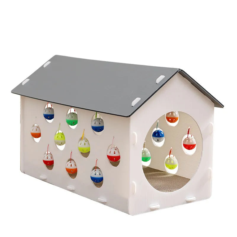 Plastic cat scratch board integrated with nest section and bell ball tunnel toy