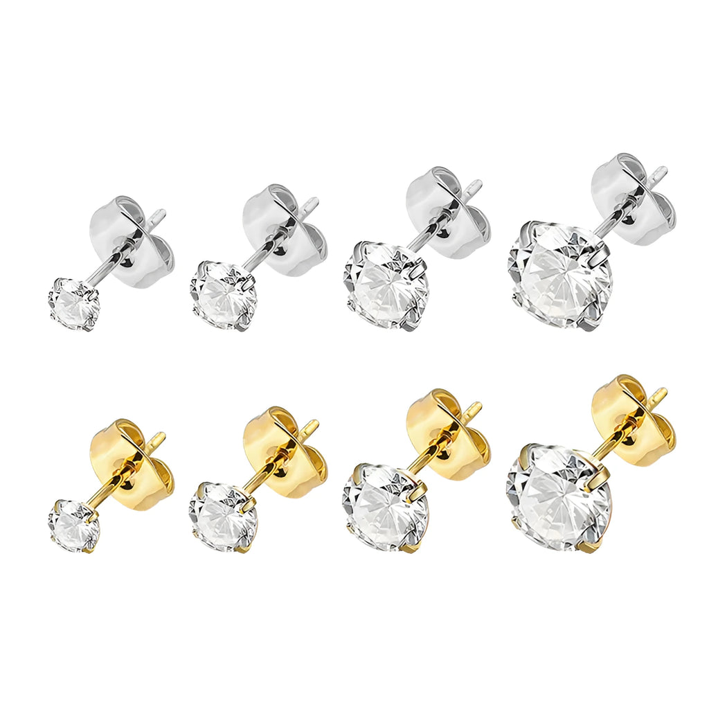 Square geometric stainless steel stud earrings with round zircon stone in centre, shown in gold and steel colour finishes
