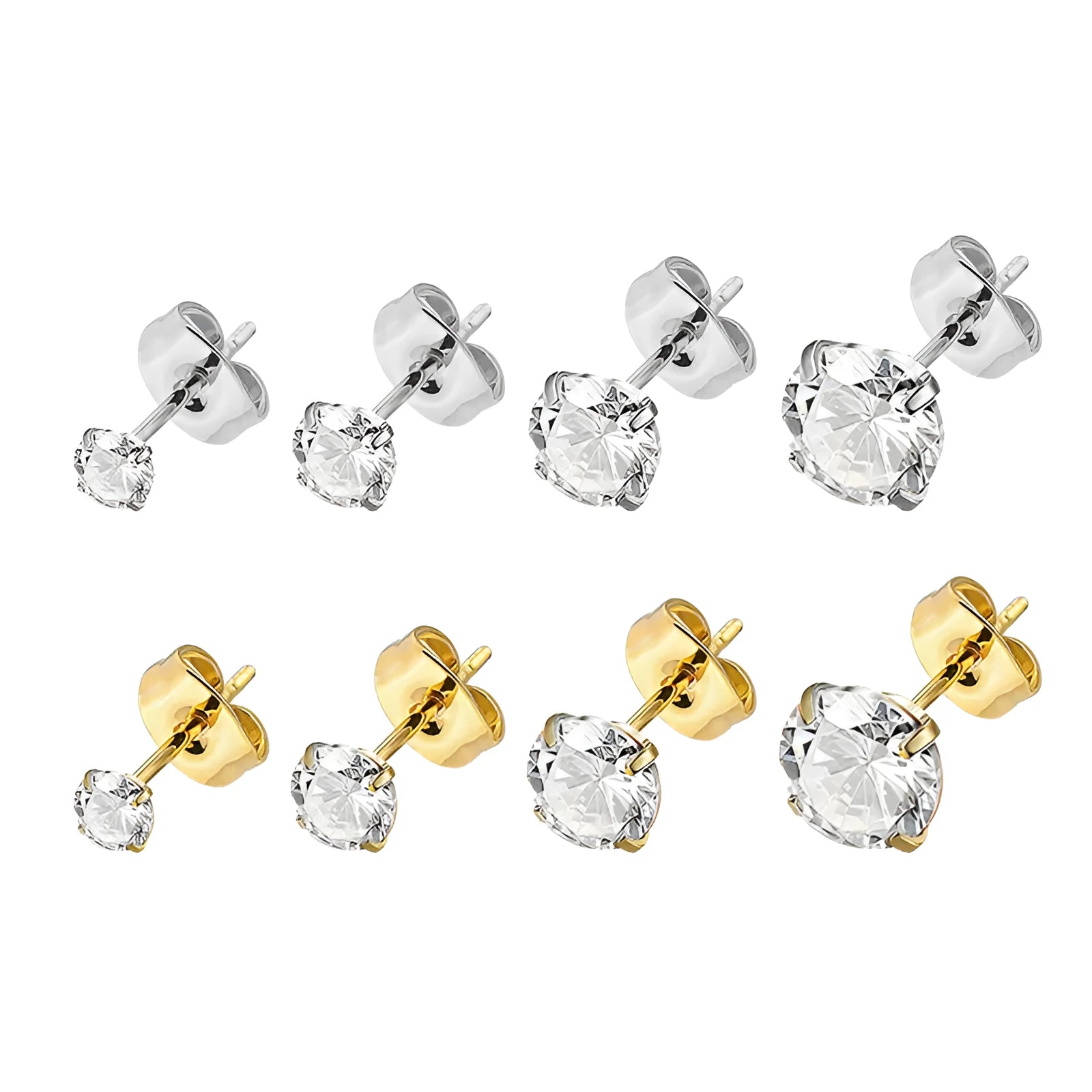 Square geometric stainless steel stud earrings with round zircon stone in centre, shown in gold and steel colour finishes