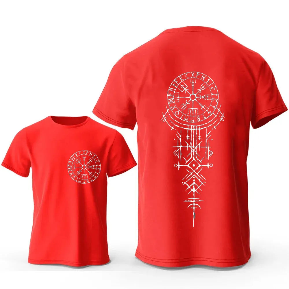 Men's grey T-shirt with a printed Viking Rune Compass design on the chest.