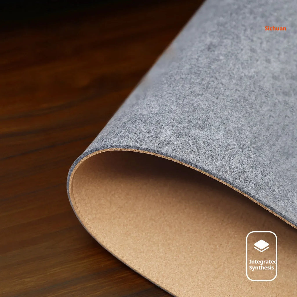 Japanese style grey felt cork oversized desk mouse mat with non-slip base.
