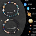 Two natural stone beaded bracelets showing different zodiac sign designs on a flat surface.
