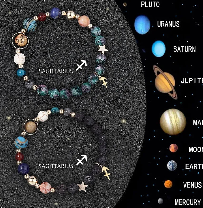 Two natural stone beaded bracelets showing different zodiac sign designs on a flat surface.
