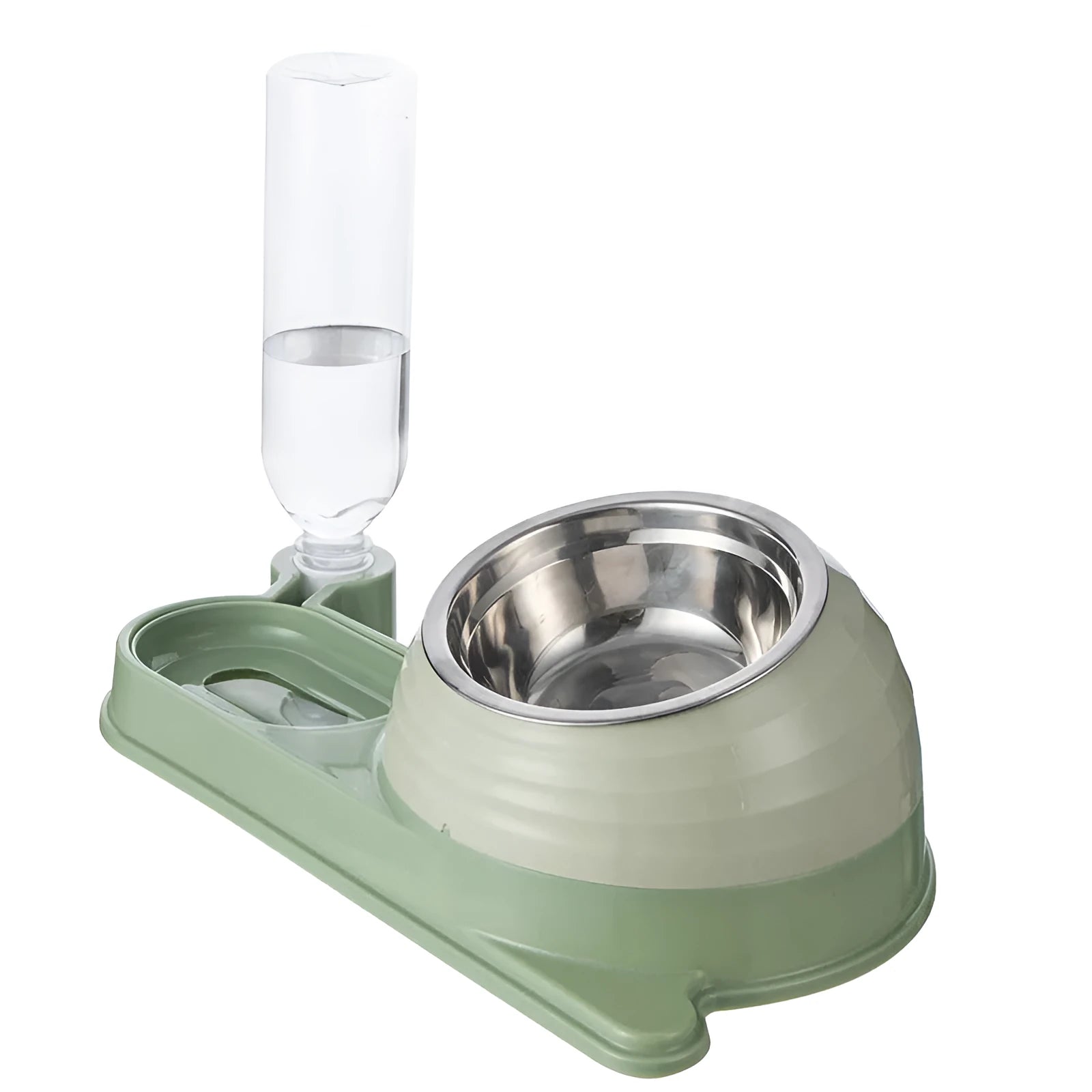Elevated cat food bowl with automatic water dispenser bottle in choice of brown, green or yellow colours