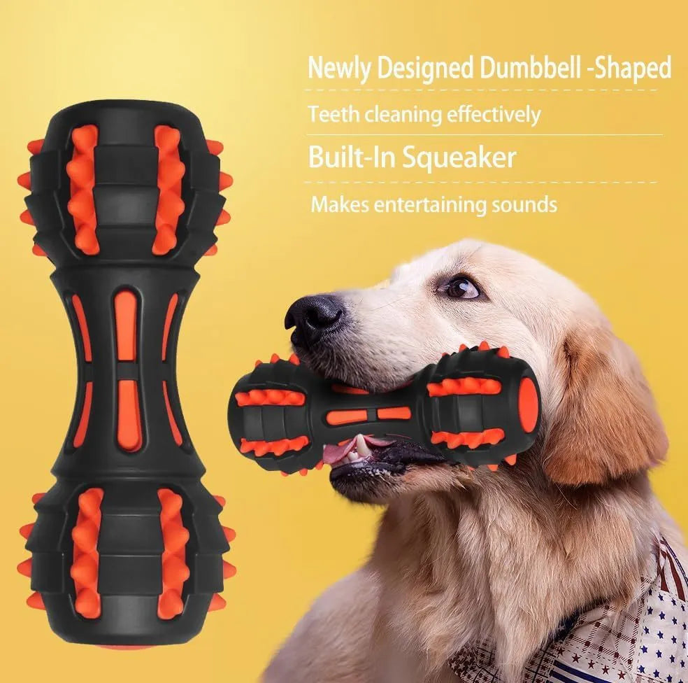Red dumbbell-shaped durable rubber dog chew toy for large breed aggressive chewers