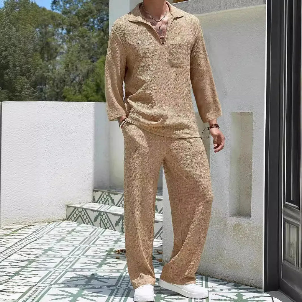 Men's casual shirt trousers suit in polyester available in lake blue, khaki, black and caramel colours