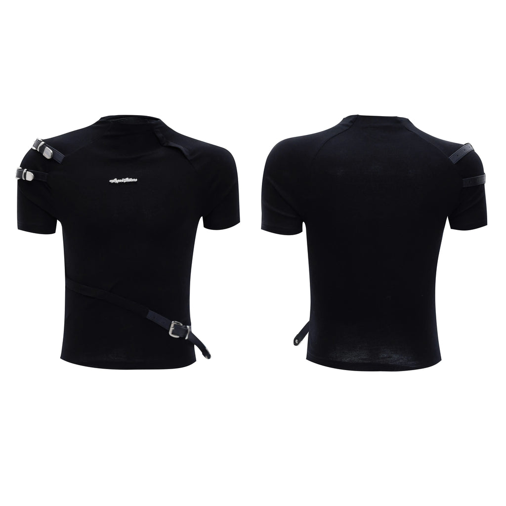 Men's black slim-fit cotton T-shirt with a small stand-up collar and decorative metal belt detail.