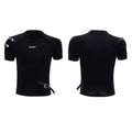 Men's black slim-fit cotton T-shirt with a small stand-up collar and decorative metal belt detail.