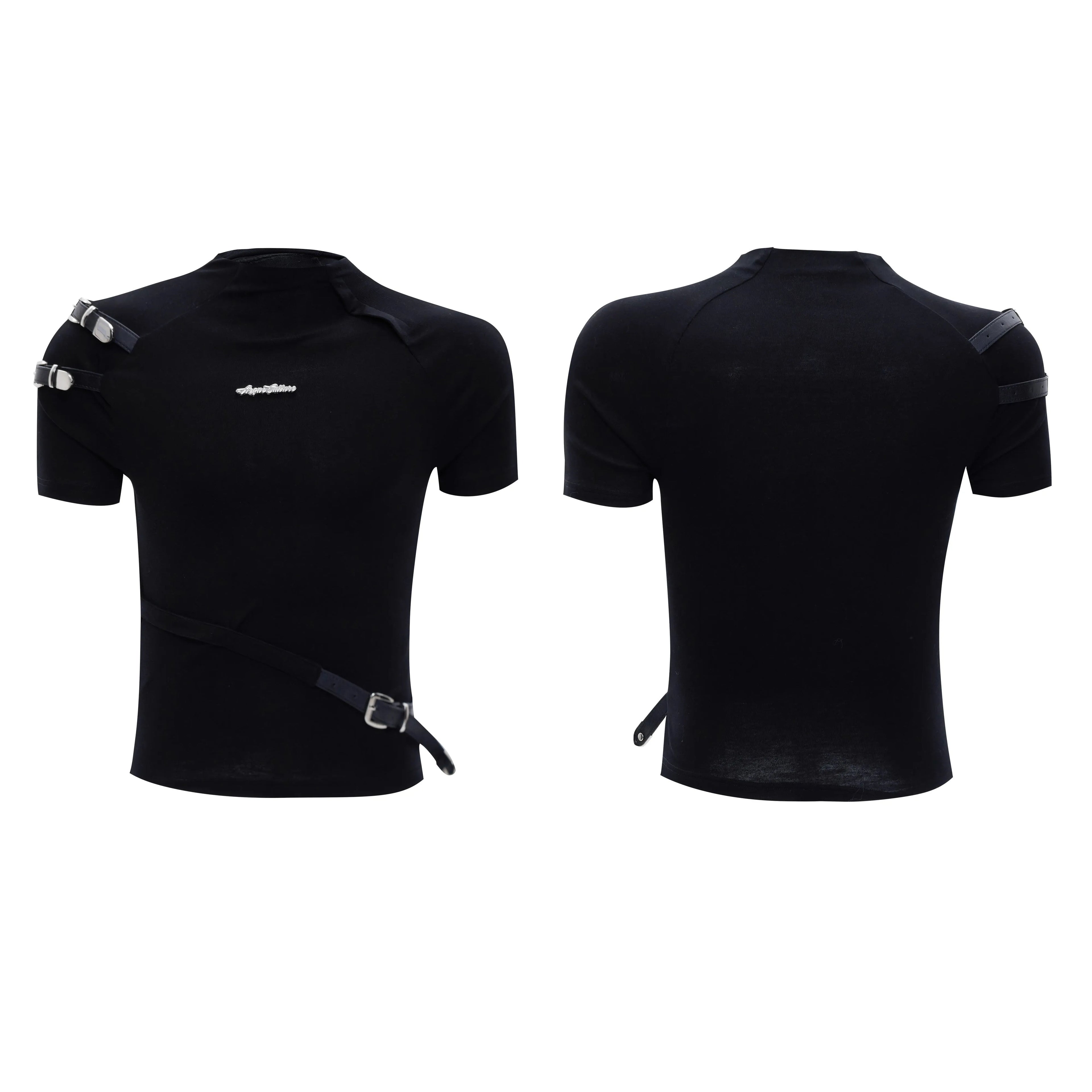 Men's black slim-fit cotton T-shirt with a small stand-up collar and decorative metal belt detail.