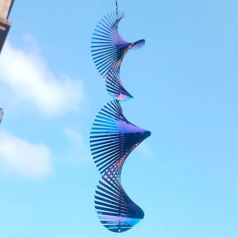 Rotating metal wind runner garden pendant in spiral shape, silver and colourful options