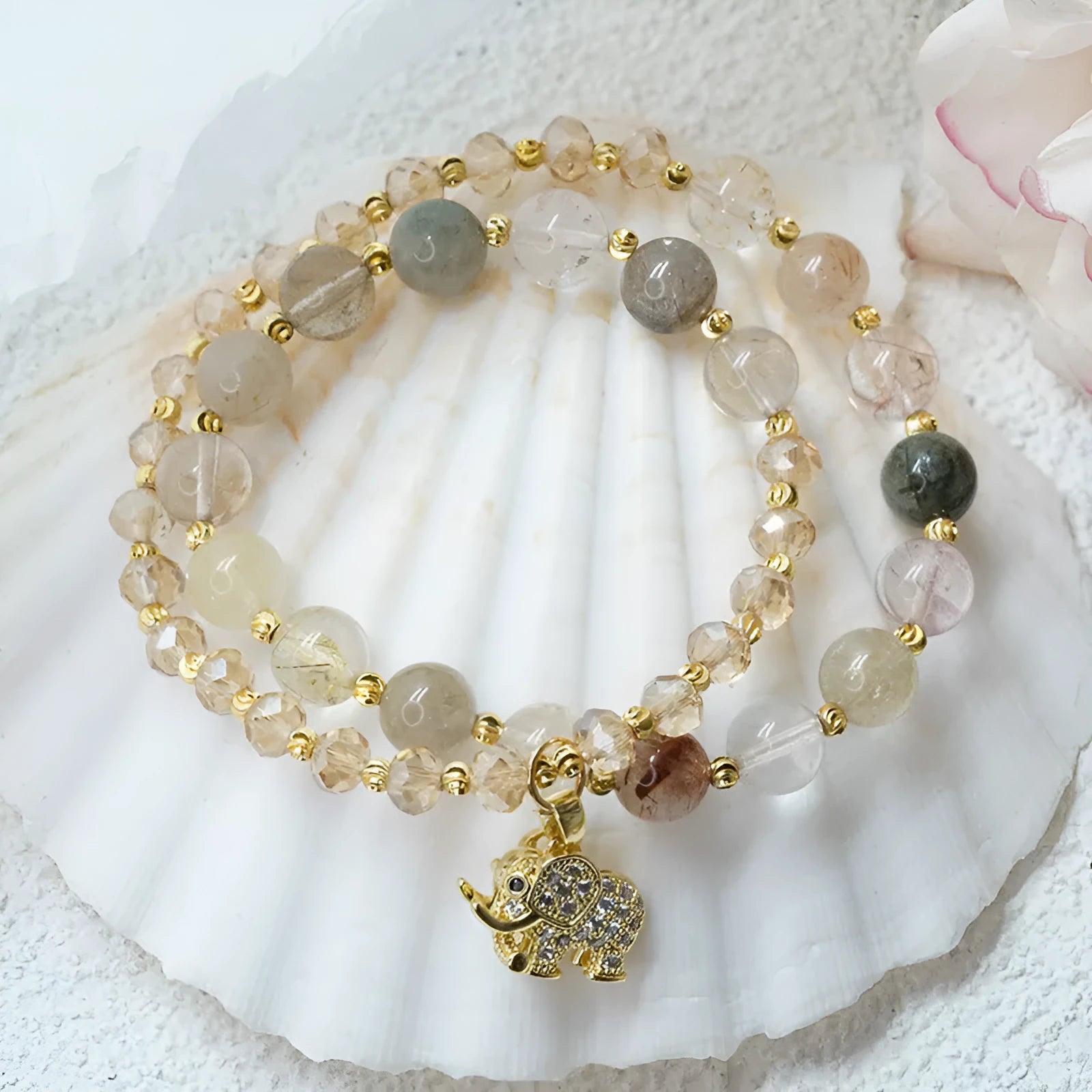 Retro women's bracelet with colour hair crystal and strawberry quartz beads in ethnic style