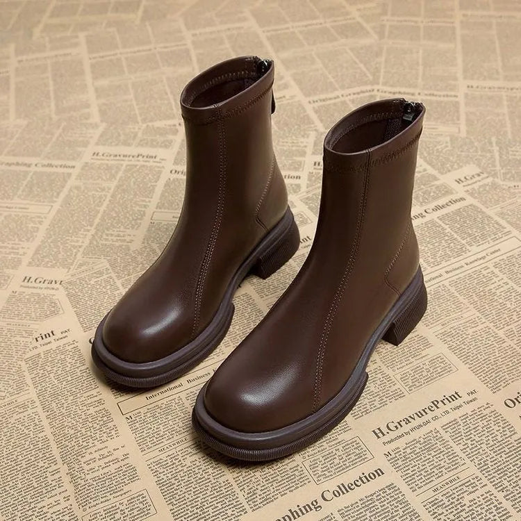 Women's black ankle boots with thick flat heel and back zipper, round toe, artificial PU upper