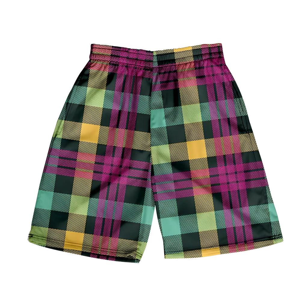 Man wearing casual plaid polyester shorts with an elastic waistband, shown in a straight-leg shorts style.