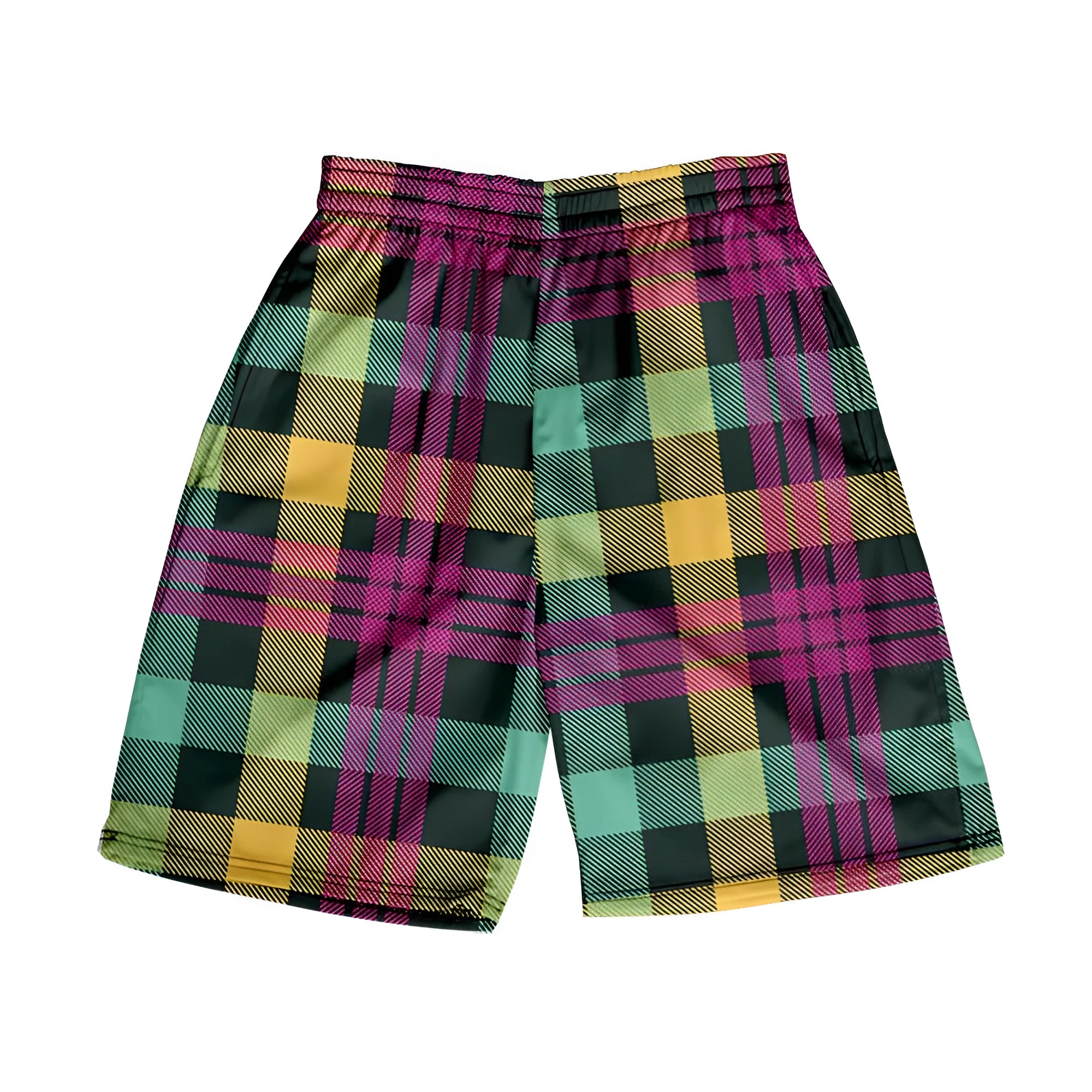 Man wearing casual plaid polyester shorts with an elastic waistband, shown in a straight-leg shorts style.