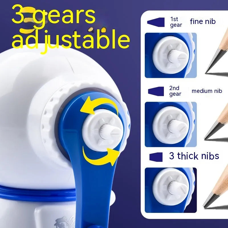 Astronaut-themed manual pencil sharpener in blue or pink with adjustable three-level sharpening for 2mm pencils