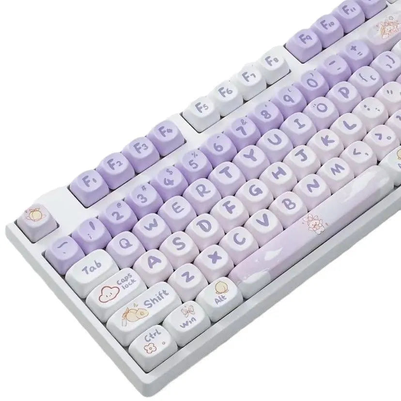Full set of gradient purple PBT keycaps with rabbit design for mechanical keyboards.