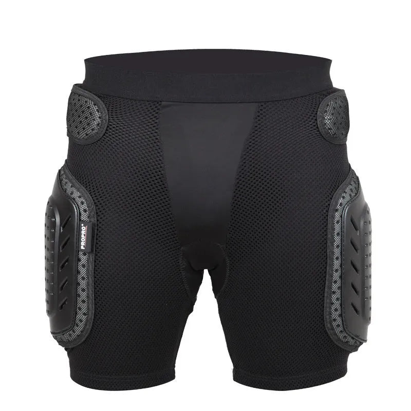 Black cycling trousers with integrated protective hip padding, shown in size L.