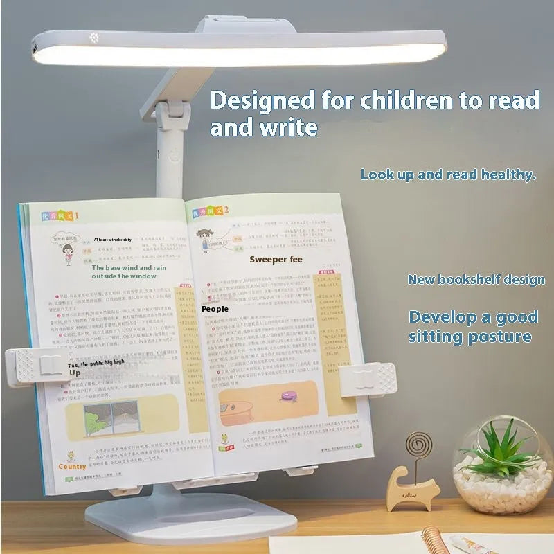 Adjustable multifunctional table lamp with a reading light on a bookshelf, showing dual power and colour temperature controls.