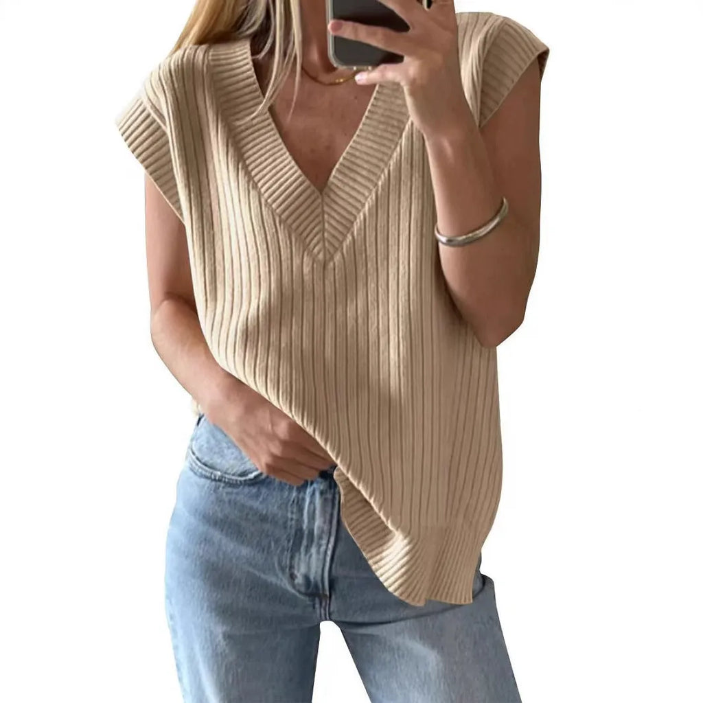 V-neck sleeveless loose pullover vest in striped pattern with camel colour