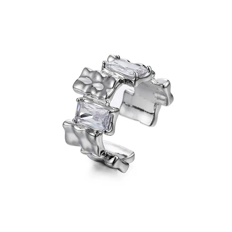 Silver open ring with cross zircon geometric design and three-dimensional decoration