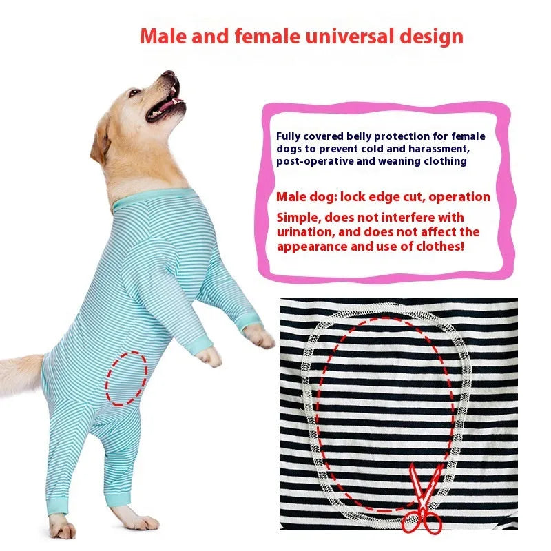 Thin striped four-legged dog shirt on a large breed dog, shown in sky blue, black dark blue stripe, and brown colour options.