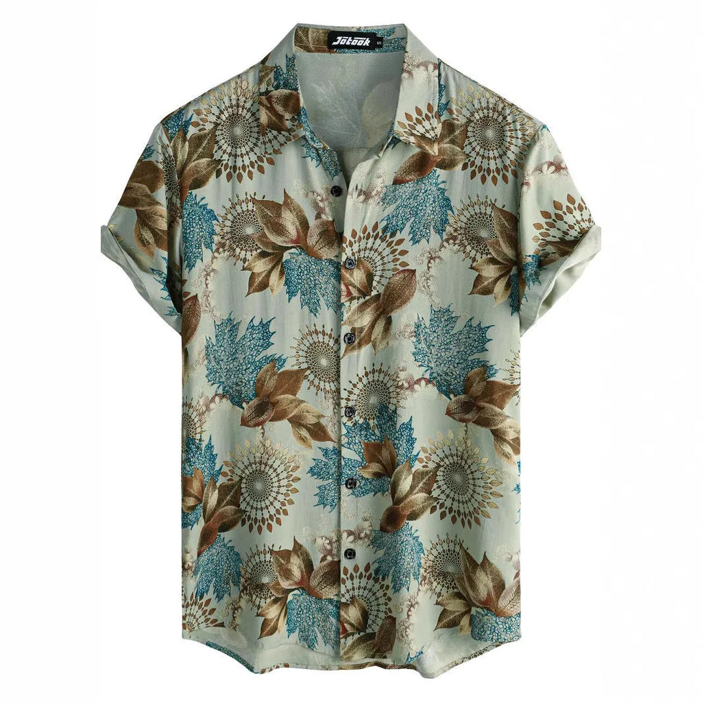 Hawaiian floral print short sleeve shirt with lapel collar on a hanger
