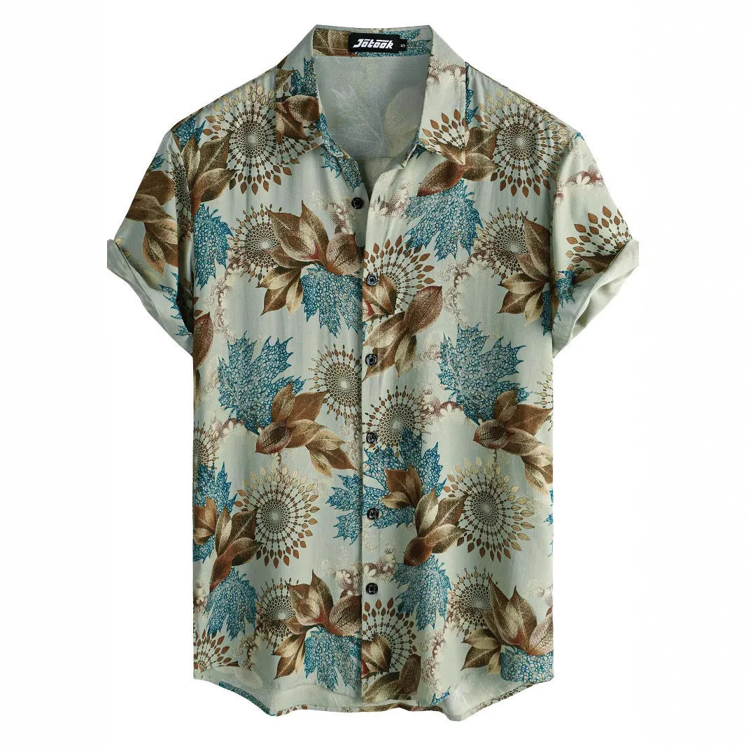 Hawaiian floral print short sleeve shirt with lapel collar on a hanger