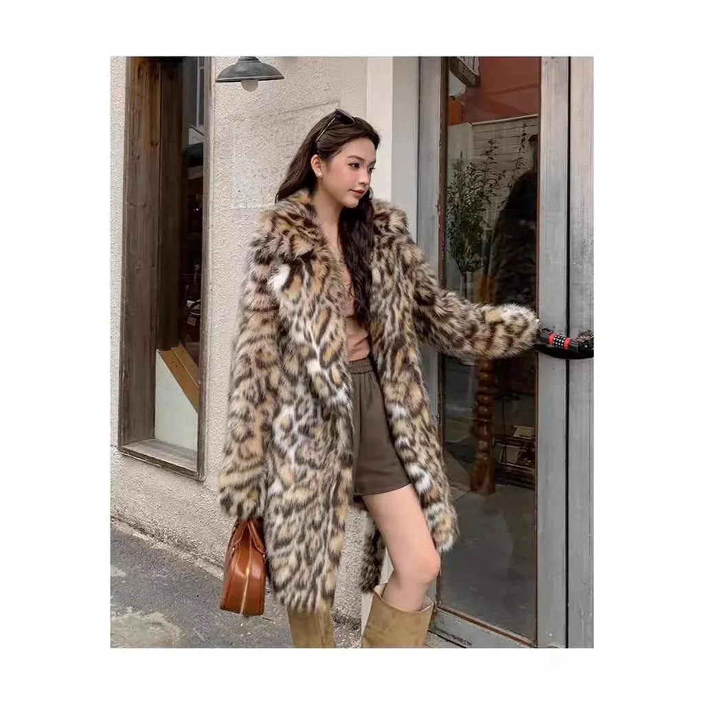 Women's faux fur coat with a large fur collar in a street fashion style.