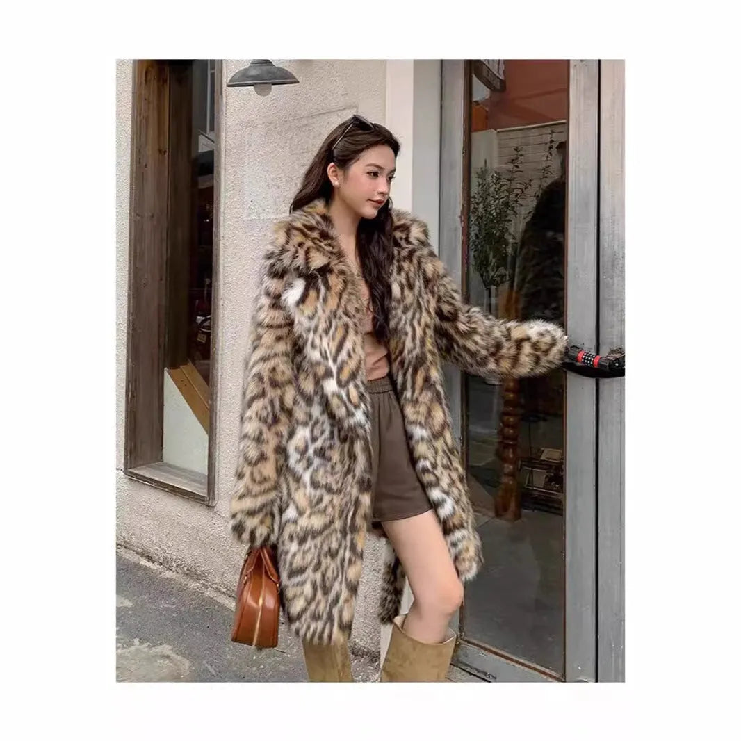 Women's faux fur coat with a large fur collar in a street fashion style.