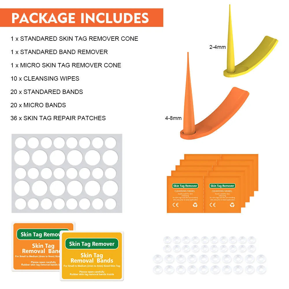 Orange yellow wart removal device kit with rubber rings, cones, alcohol swabs, and repair sticker.