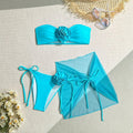 Women's tube top swimsuit with three-dimensional flower tie in blue, pink, or purple