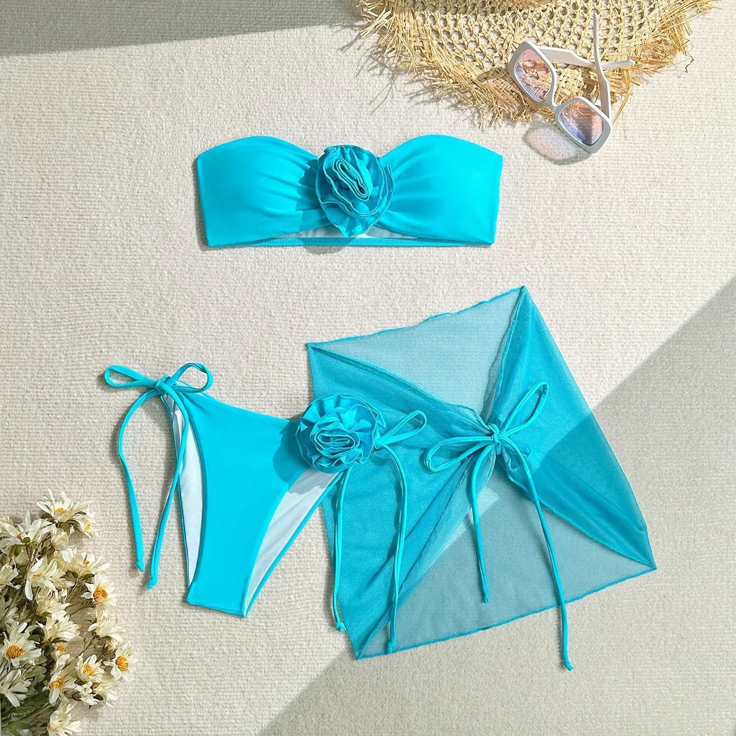Women's tube top swimsuit with three-dimensional flower tie in blue, pink, or purple
