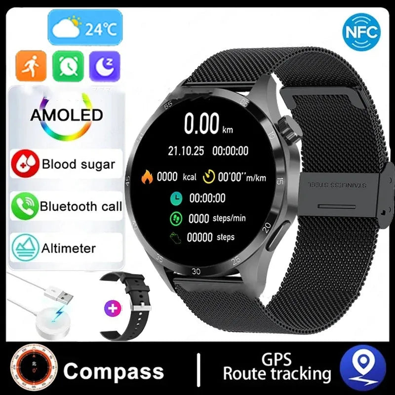 Black Bluetooth smartwatch with TFT touch screen shown with silicone and Milan net strap options.
