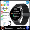 Black Bluetooth smartwatch with TFT touch screen shown with silicone and Milan net strap options.