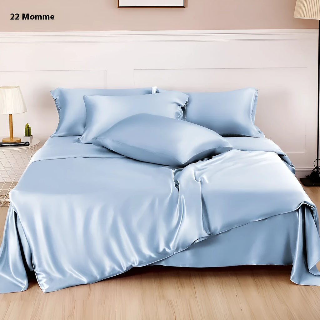 Double-sided silk duvet cover in six solid colours showing smooth plain weave texture