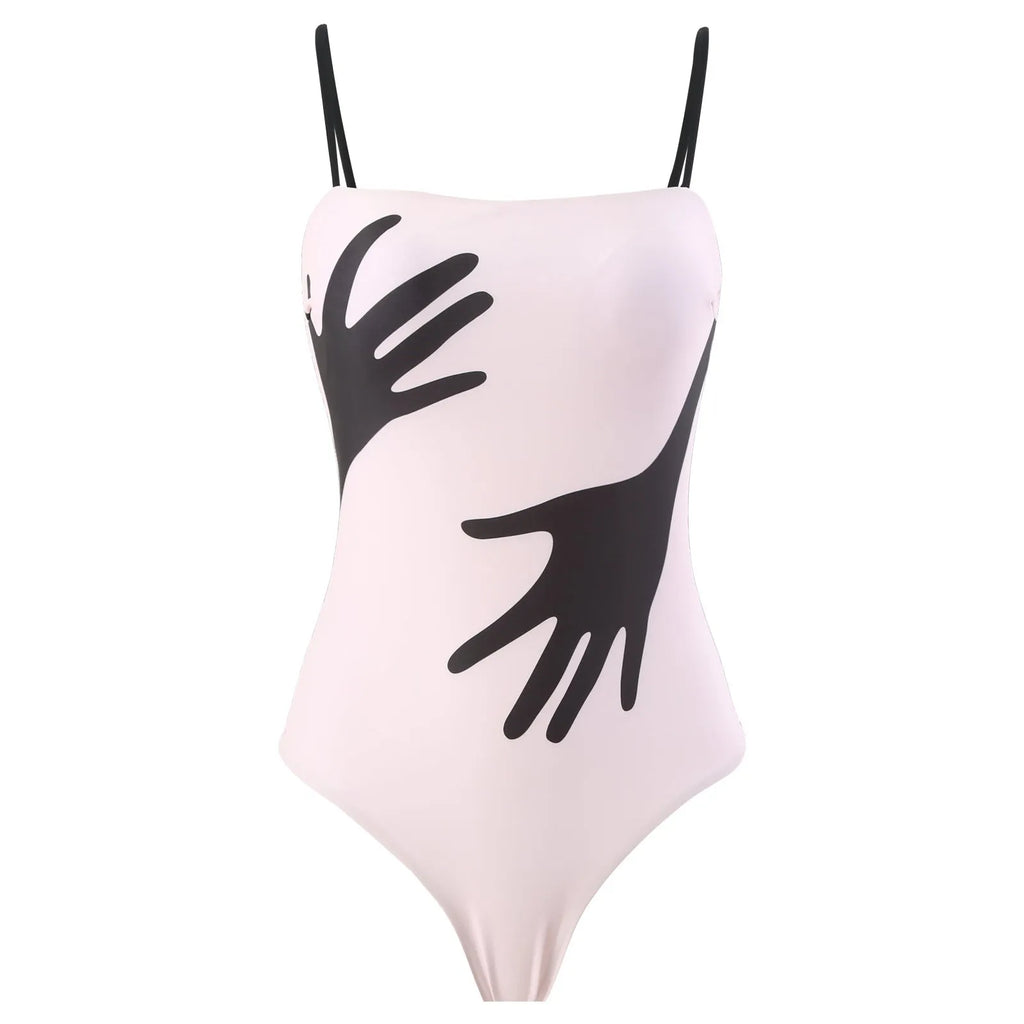 Women's one-piece bikini swimsuit with attached white tulle skirt on a mannequin.