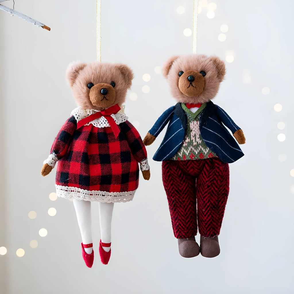 Cartoon-style plush bear couple wearing cotton plaid suits, gentleman bear and princess bear.