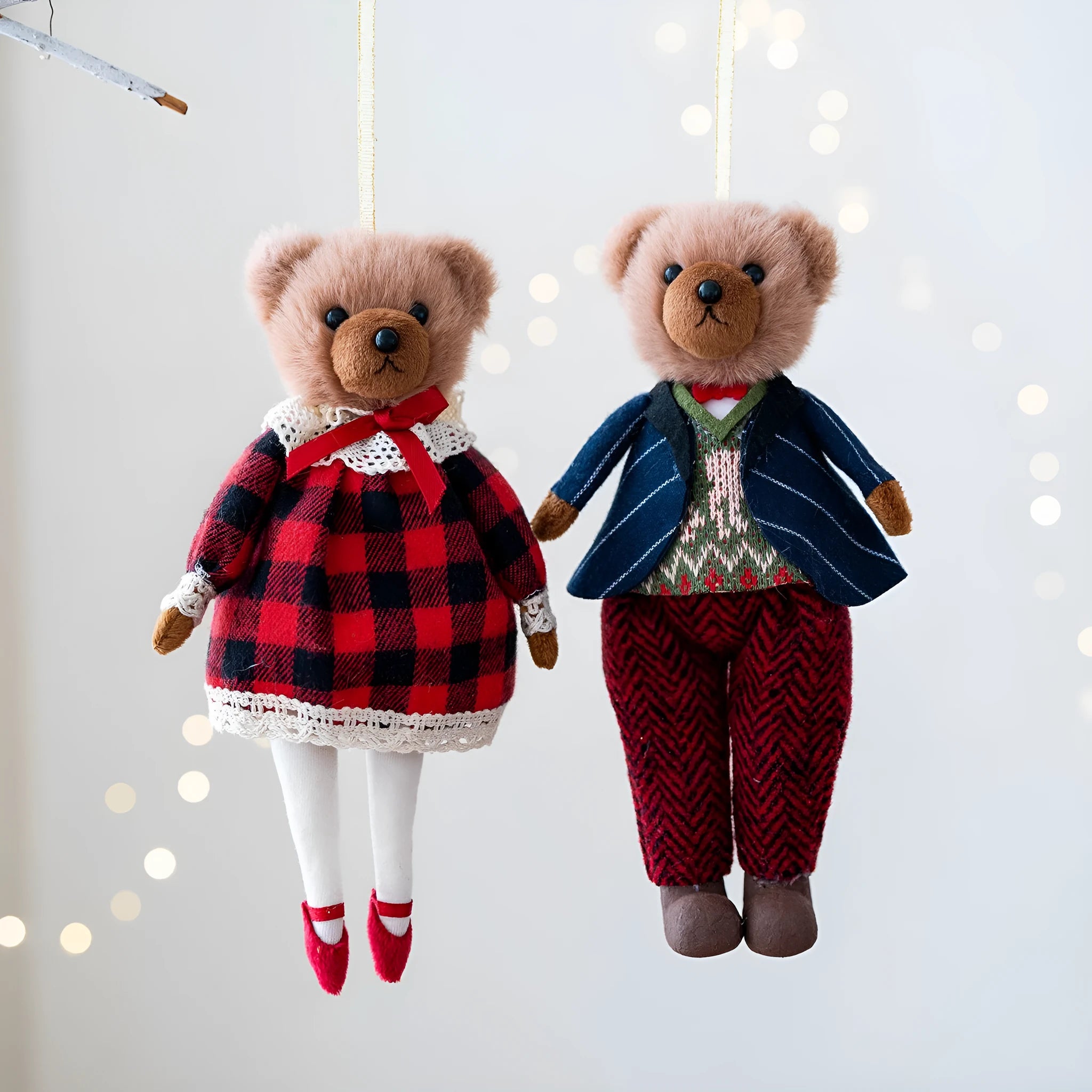Cartoon-style plush bear couple wearing cotton plaid suits, gentleman bear and princess bear.