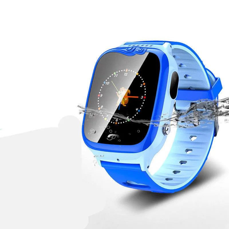 Blue children's smartwatch with GPS positioning and a 1.34-inch HD touch screen on a silicone strap.