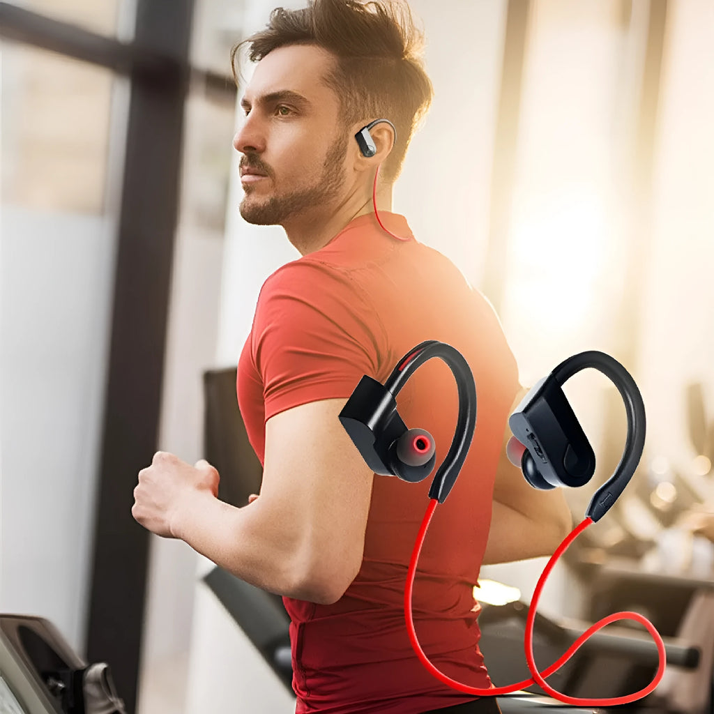 Wireless neckband Bluetooth earphones in black, blue and red colours showing neckband design