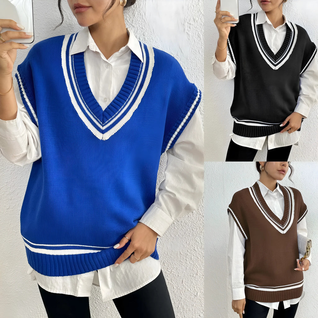 Women's loose fit pullover vest sweater in a college style, shown in blue.