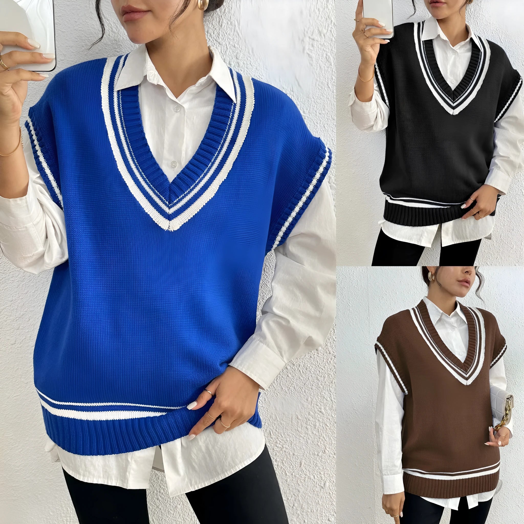 Women's loose fit pullover vest sweater in a college style, shown in blue.