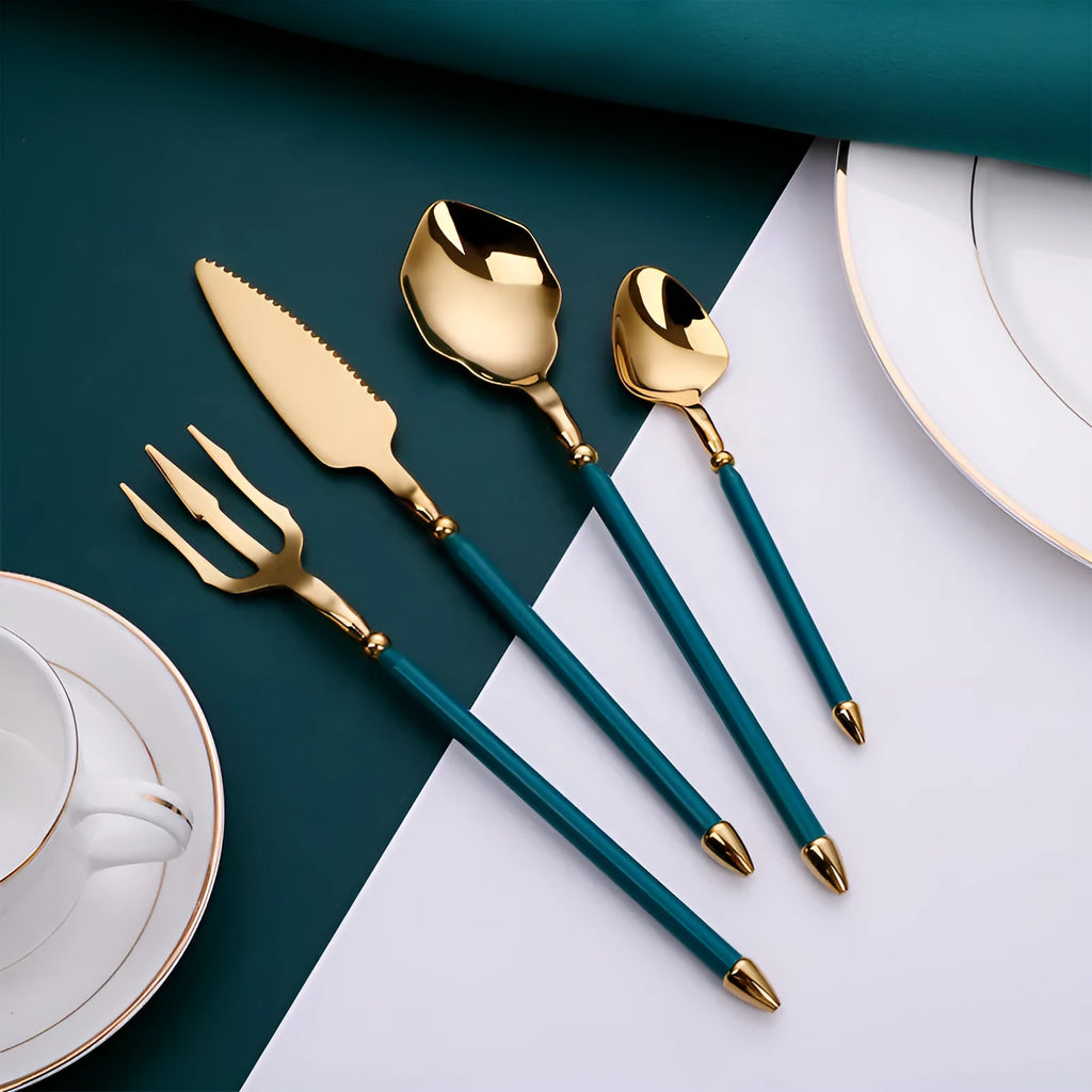 Stainless steel 4-piece cutlery set with knife fork and two spoons in a solid colour finish