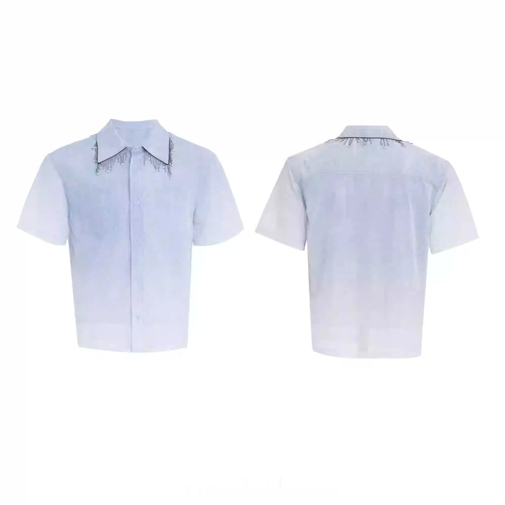 Man's blue and white gradient loose-fit casual half-sleeve polyester shirt