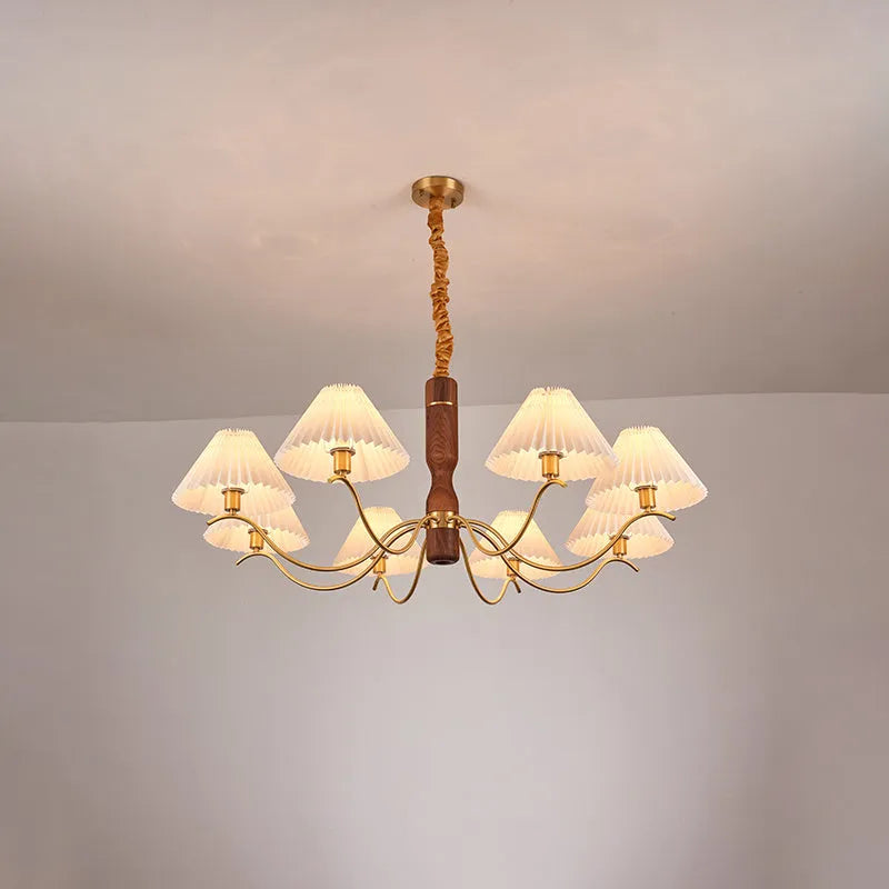 American retro wall lamp with a walnut wood base and white fabric shade mounted on a wall.