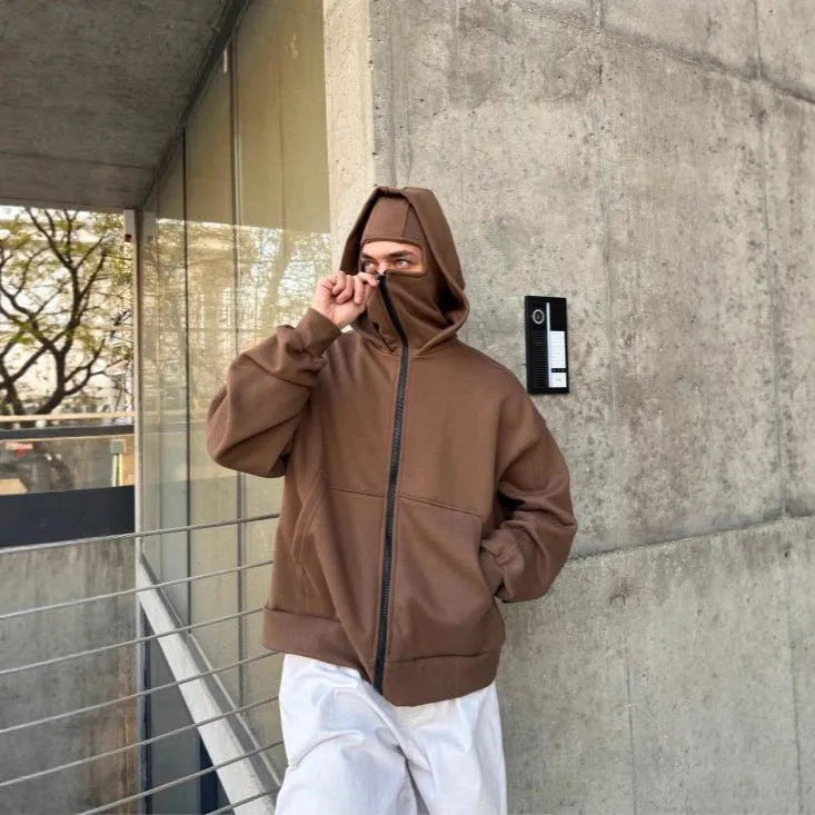 Men's solid colour loose polyester hoodie with double-layer masked hood and zip front, shown in black