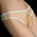 Men's black lace briefs with a vertical pouch design and low waist.