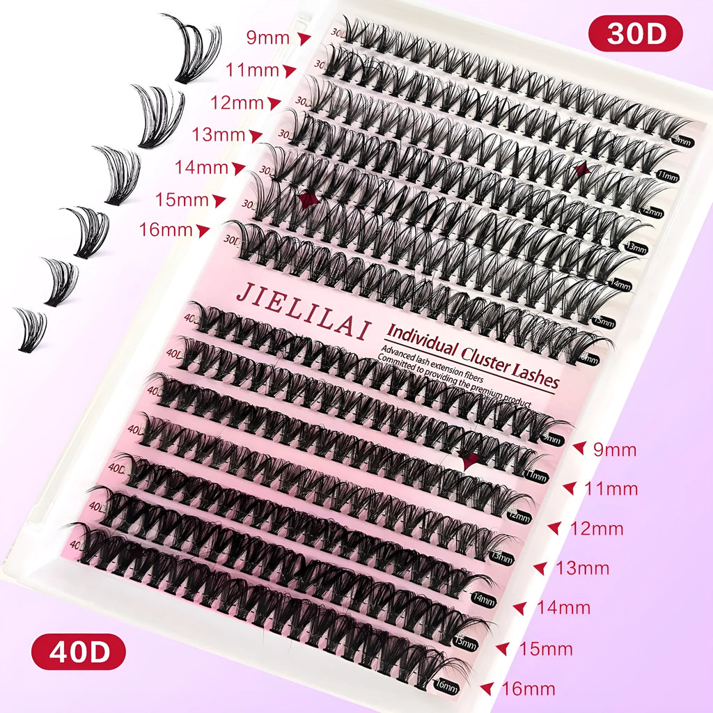 DIY cluster false eyelashes mixed package showing 30D and 40D density lashes with tweezers
