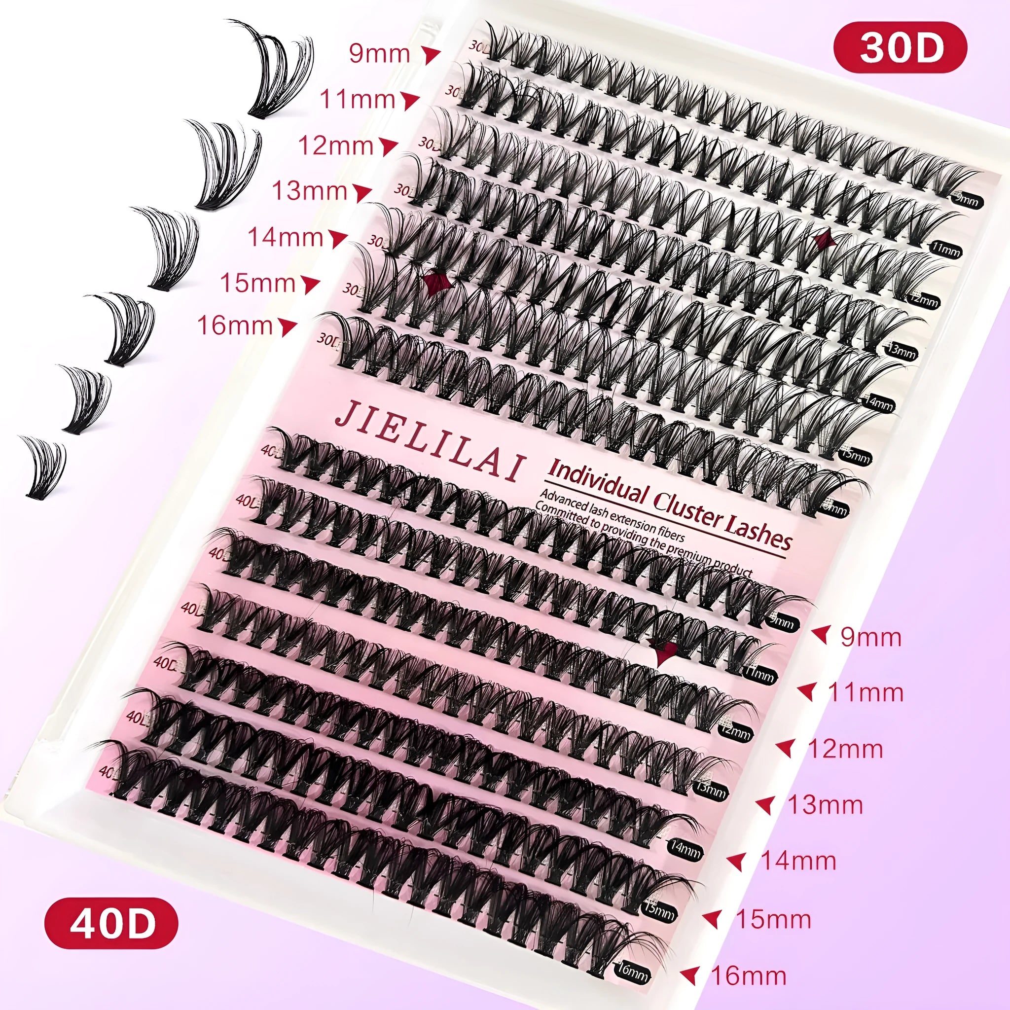 DIY cluster false eyelashes mixed package showing 30D and 40D density lashes with tweezers