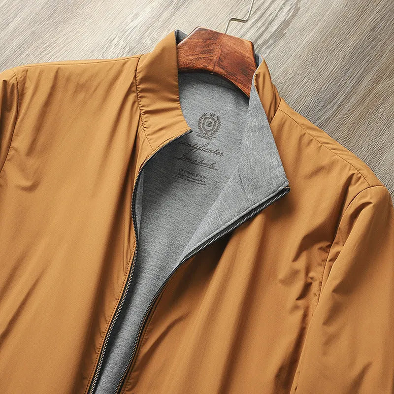 Men's stand collar casual jacket in polyester blend, available in Army Green, Black, Blue, and Orange.